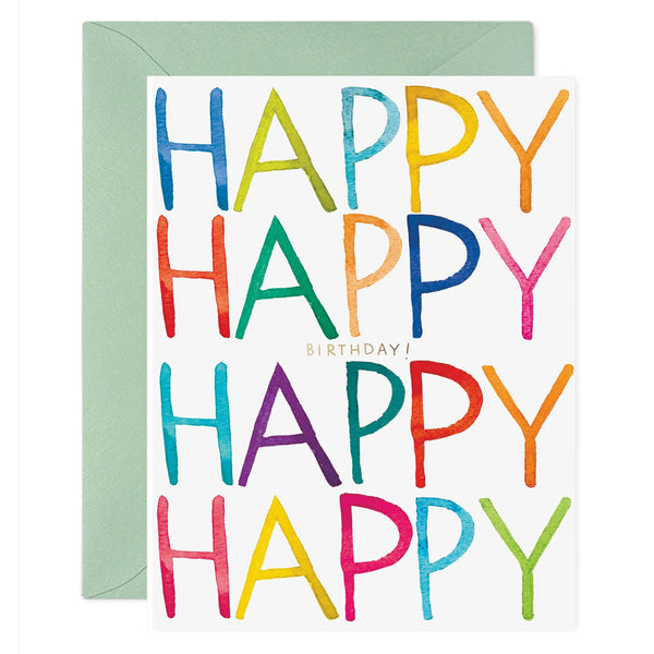 E Frances Happy Birthday card with colorful Happy Happy Happy on a white background