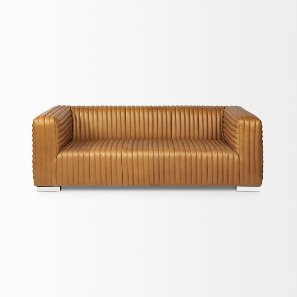 Mercana brand Ricciardo Cognac Leather Three Seater Sofa on a white background