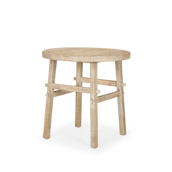 Round Blonde Wood End Table with rustic joinery on a white background