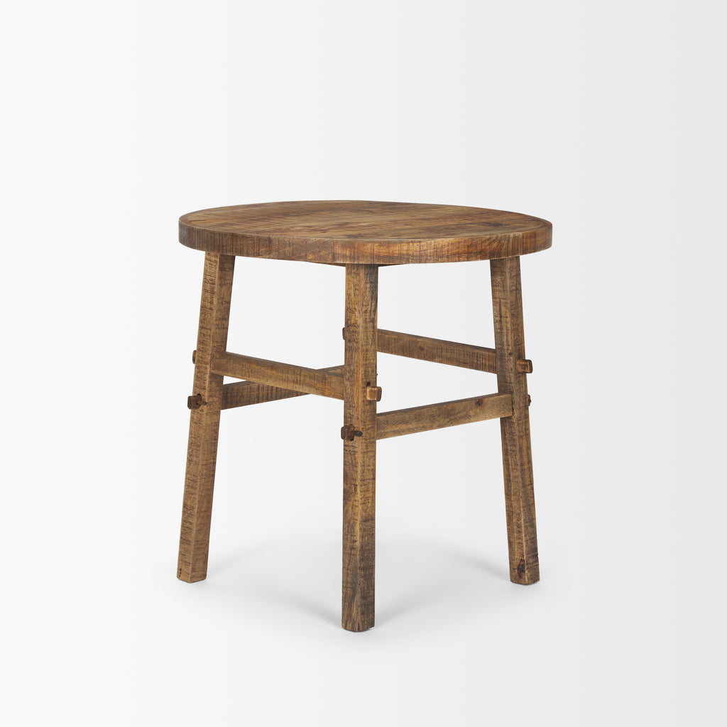 Large Round Brown Wood End Table with rustic joinery on a white background