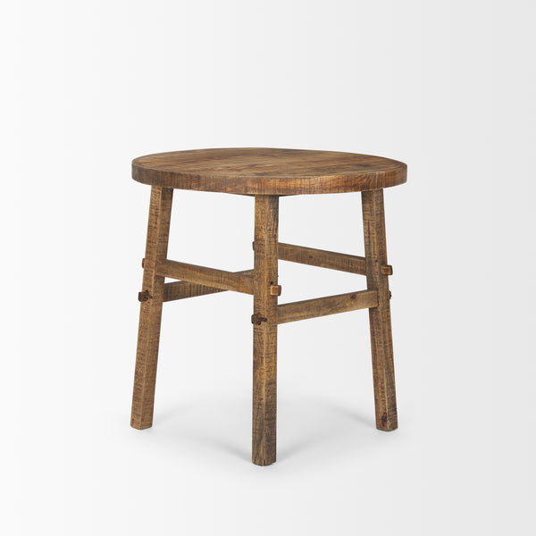 Large Round Brown Wood End Table with rustic joinery on a white background