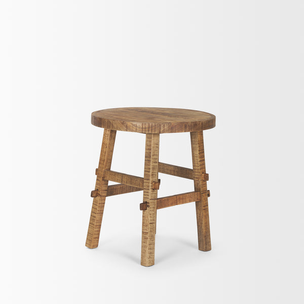 Round Small Brown Wood End Table with rustic joinery on a white background
