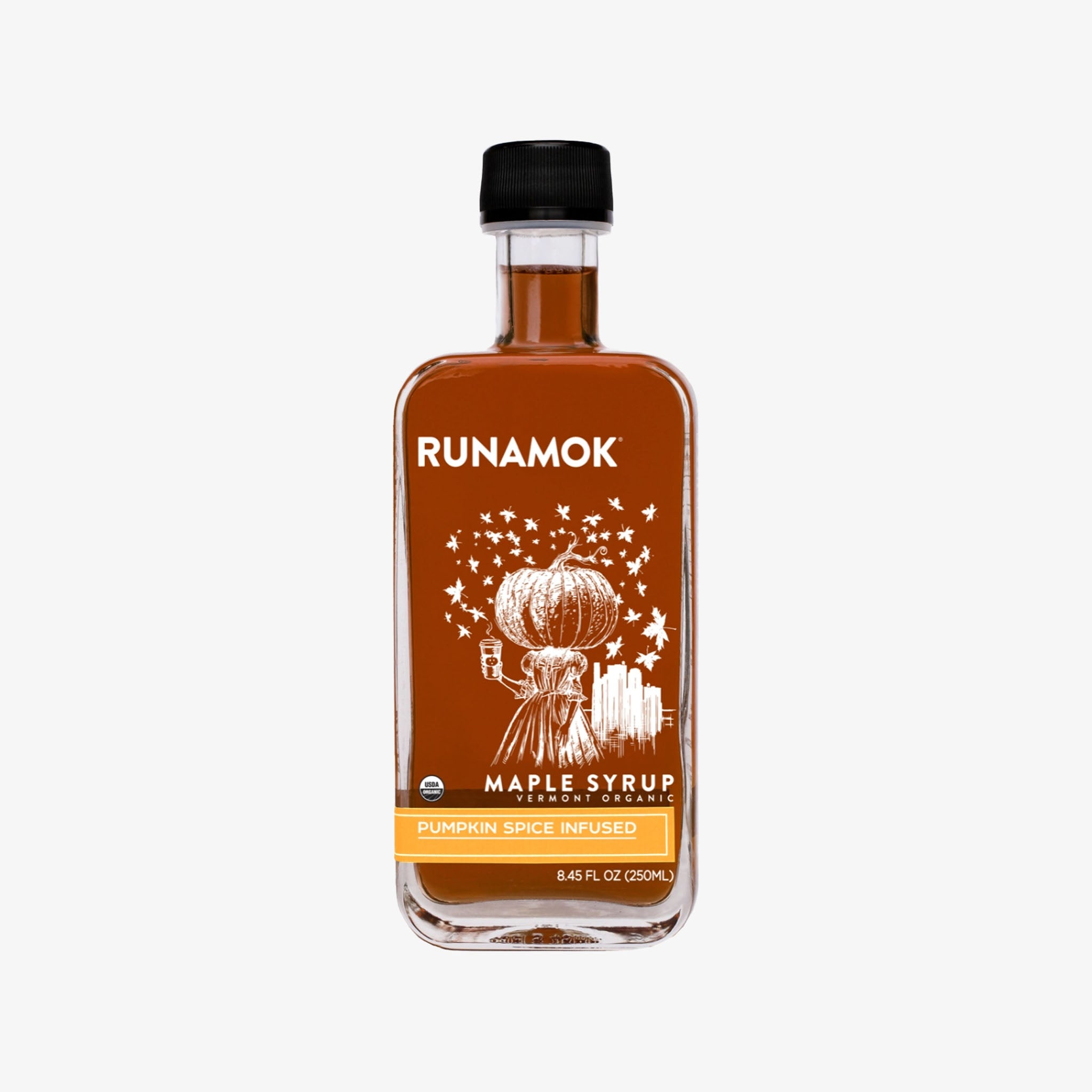 Runamok Pumpkin Spice Infused Organic Maple Syrup on a white background at Addison West