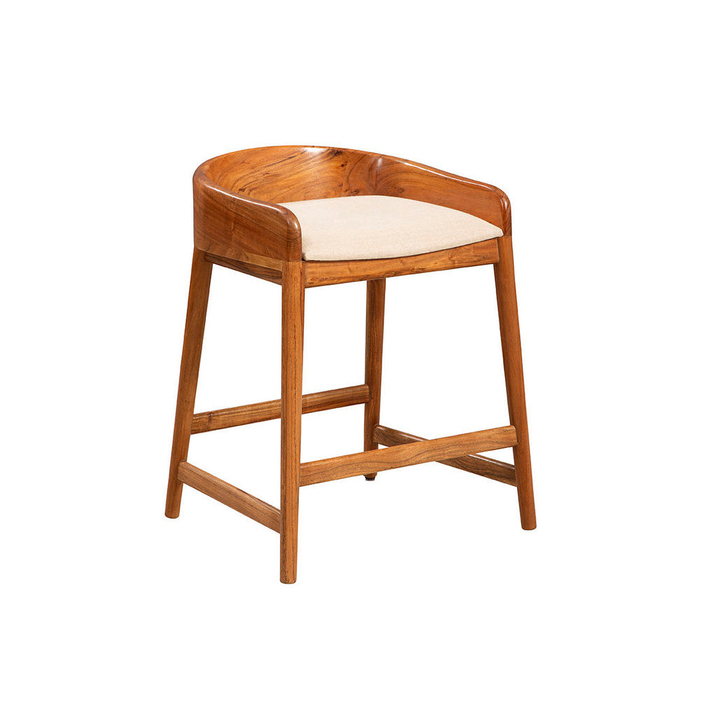 Wood counter stool with low back and neutral linen cushion on a white background
