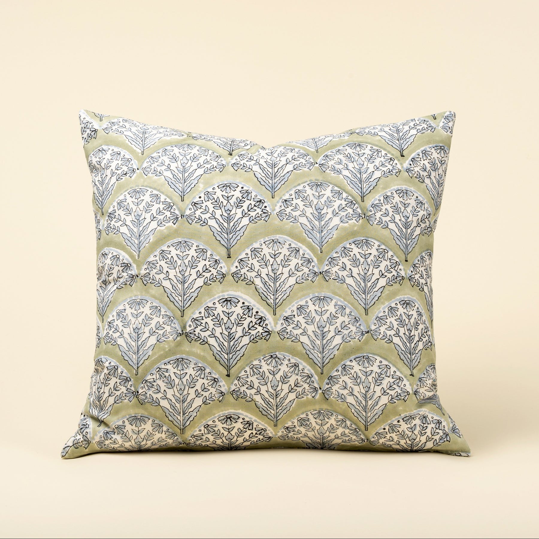 Summer Sage Square Block Print Pillow on a beige background at Addison West