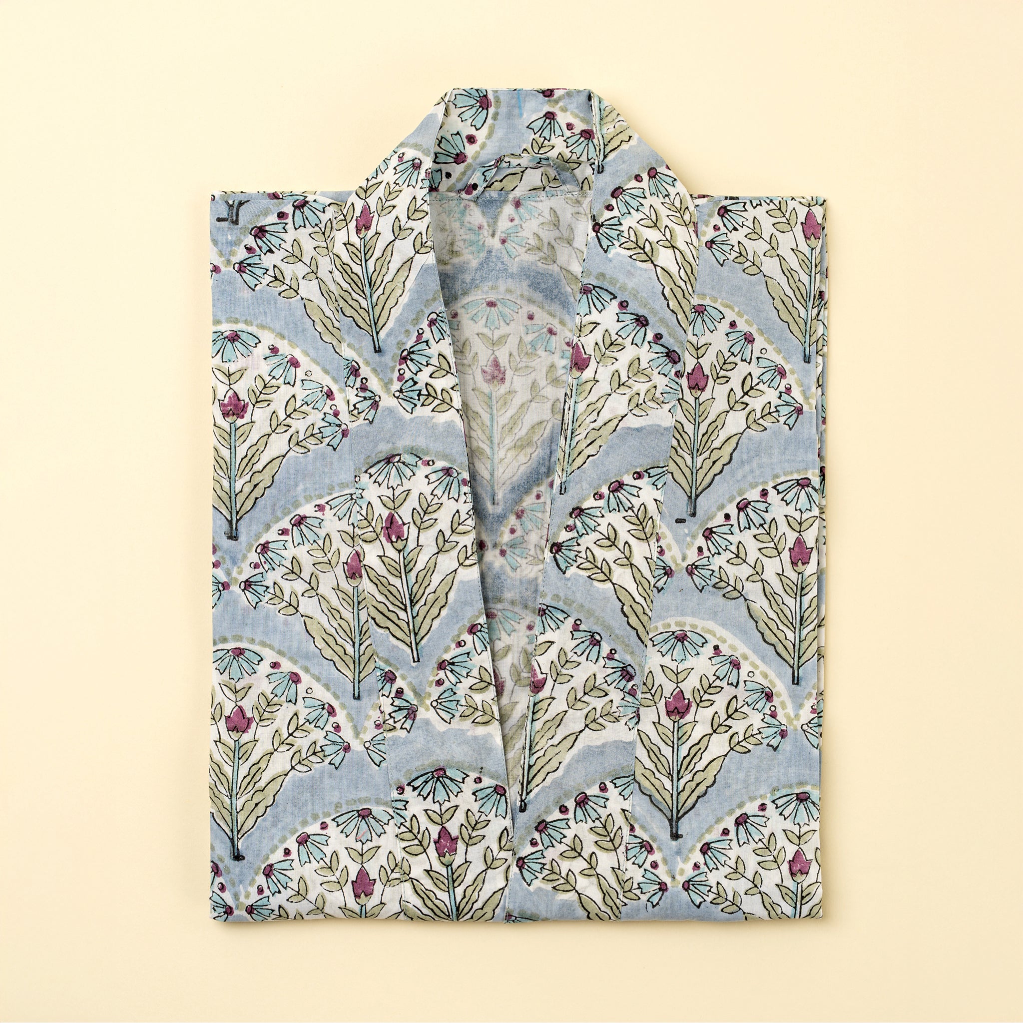 Serenity Block Print Kimono on a beige background at Addison West