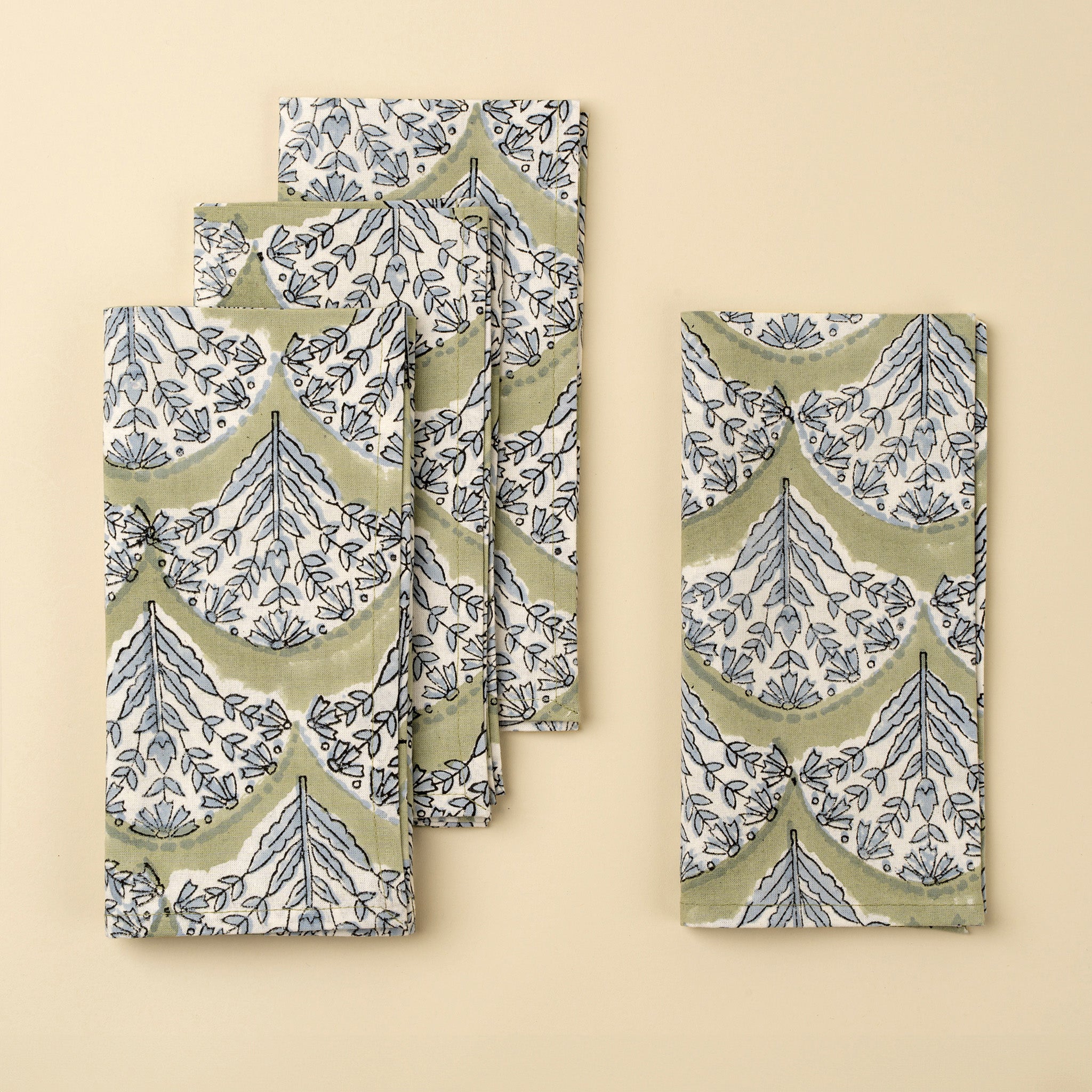 Summer Sage Block Print Napkins, Set of 4 on a beige background at Addison West
