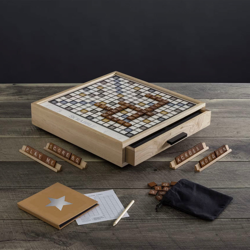 WS Games Company Scrabble Luxe with Rotating Gameboard on a wood table