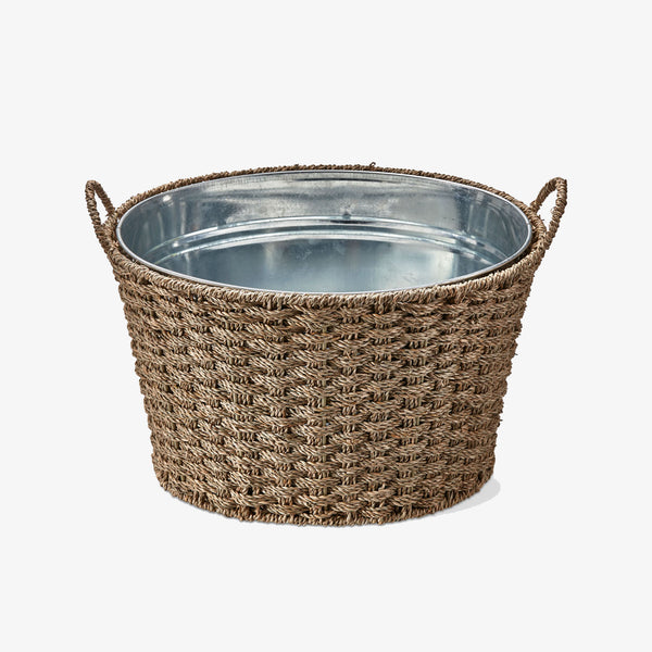 Seagrass Wrapped Galvanized Tub on a white background