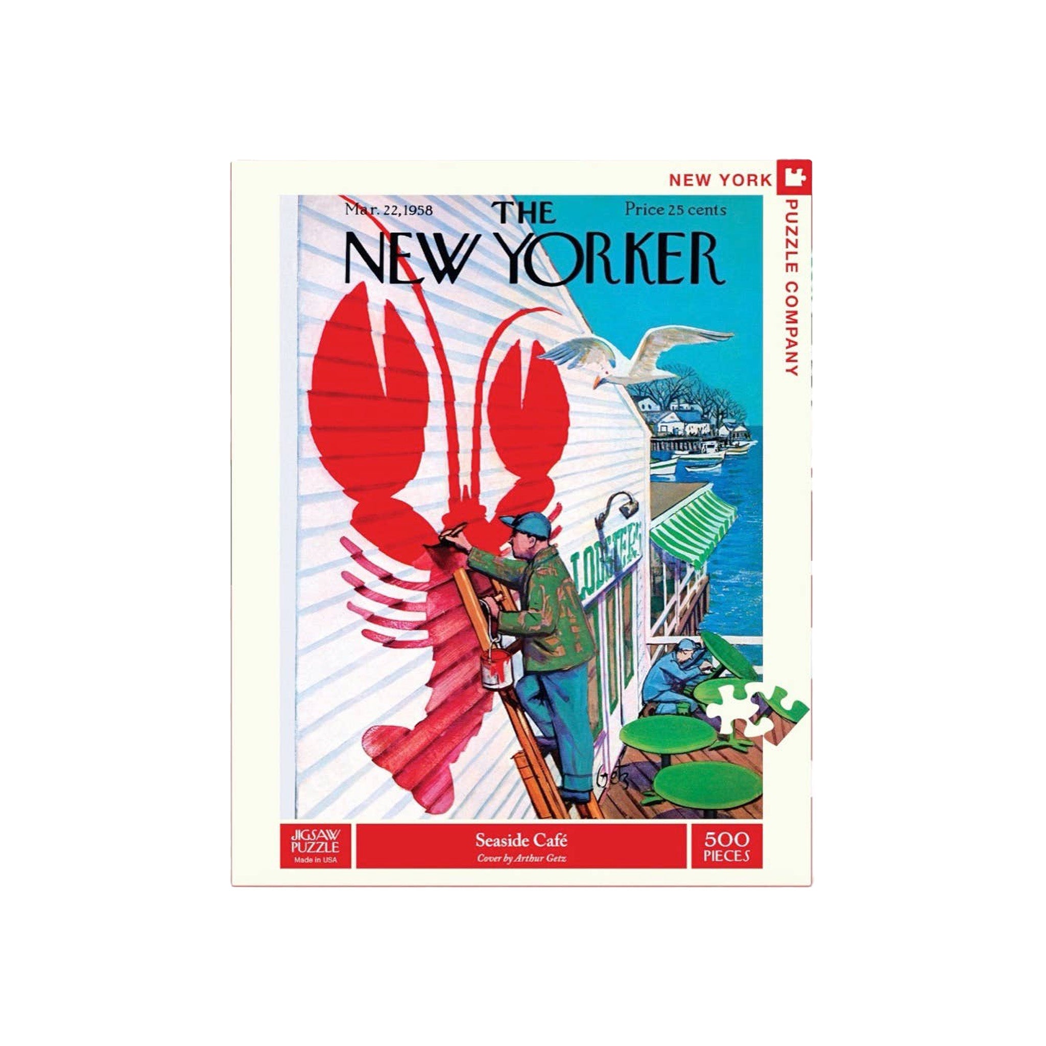 Puzzle box featuring a cover of 'The New Yorker' magazine with a red lobster illustration.