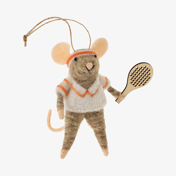 Indaba brand Serena Felted Mouse Ornament with small tennis racquet on a white background
