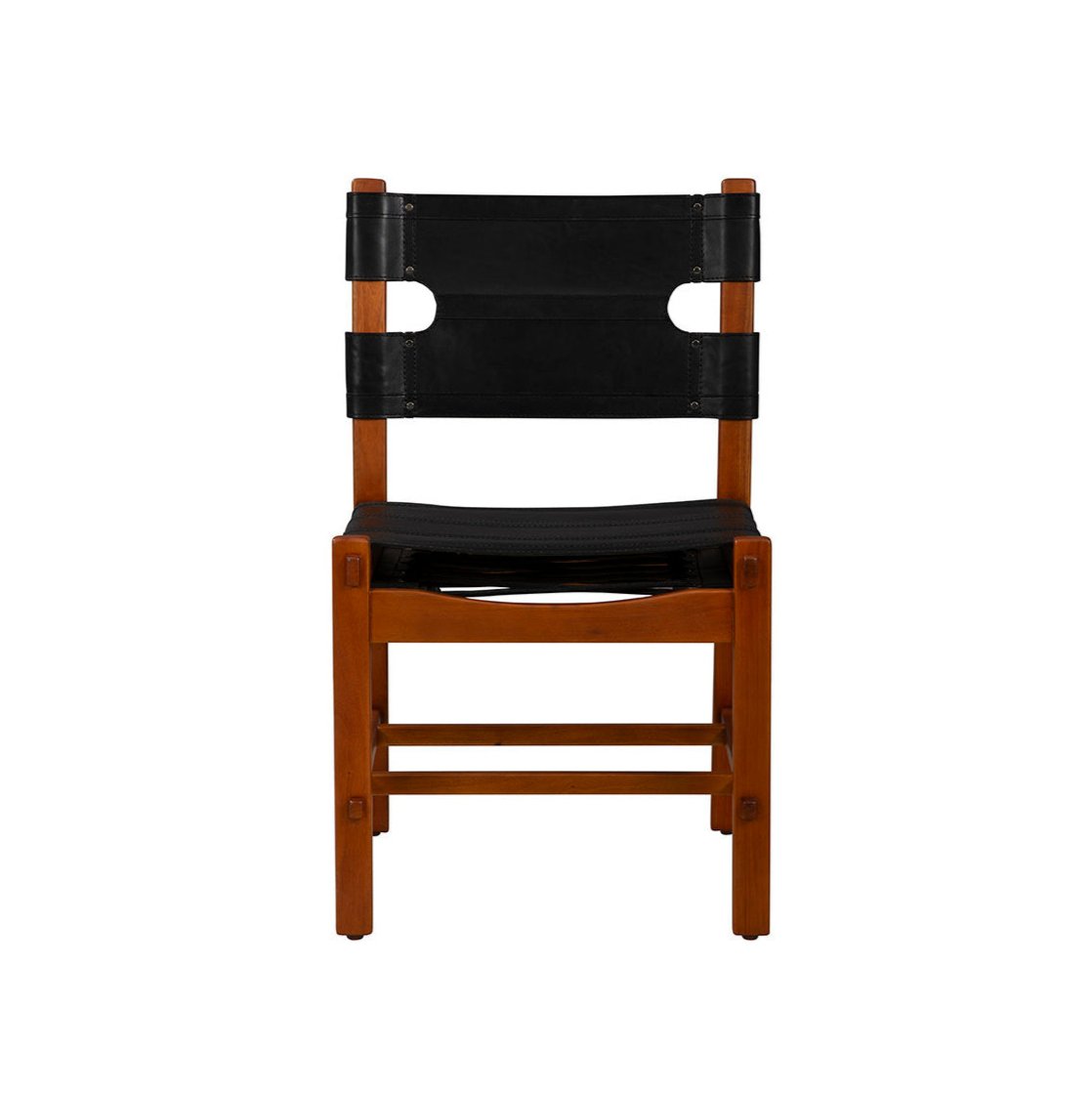Brown wood and black leather dining chair on a white background