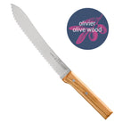Opinel olivewood handle bread knif on a white background, featuring 'Olivier Olive Wood' logo.