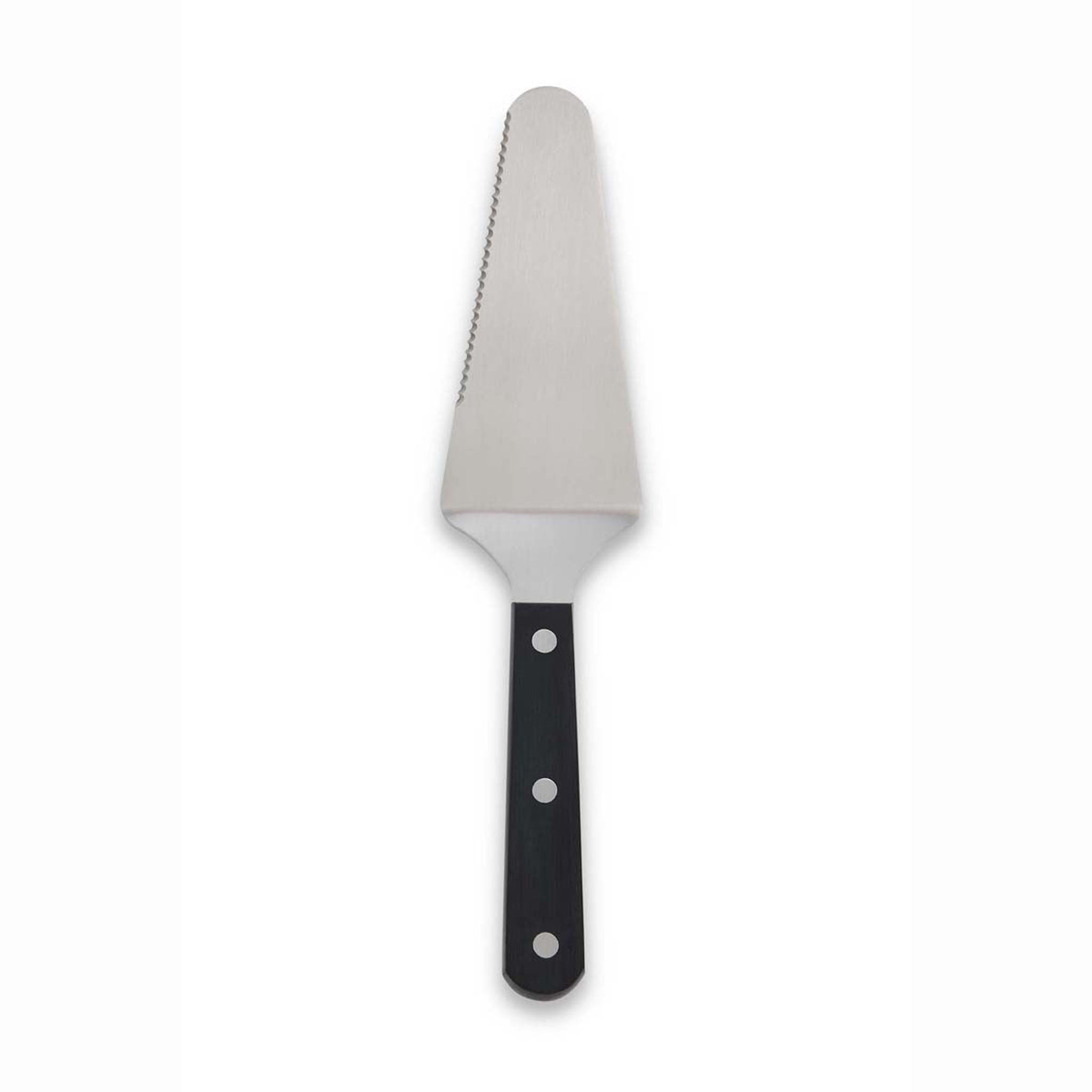 Classic Serrated Pie Cutter with stainless blade and black riveted handle on a white background