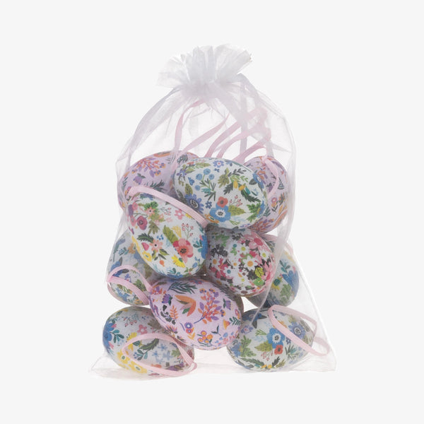 Floral Printed Easter Eggs in white organza bag on a white background