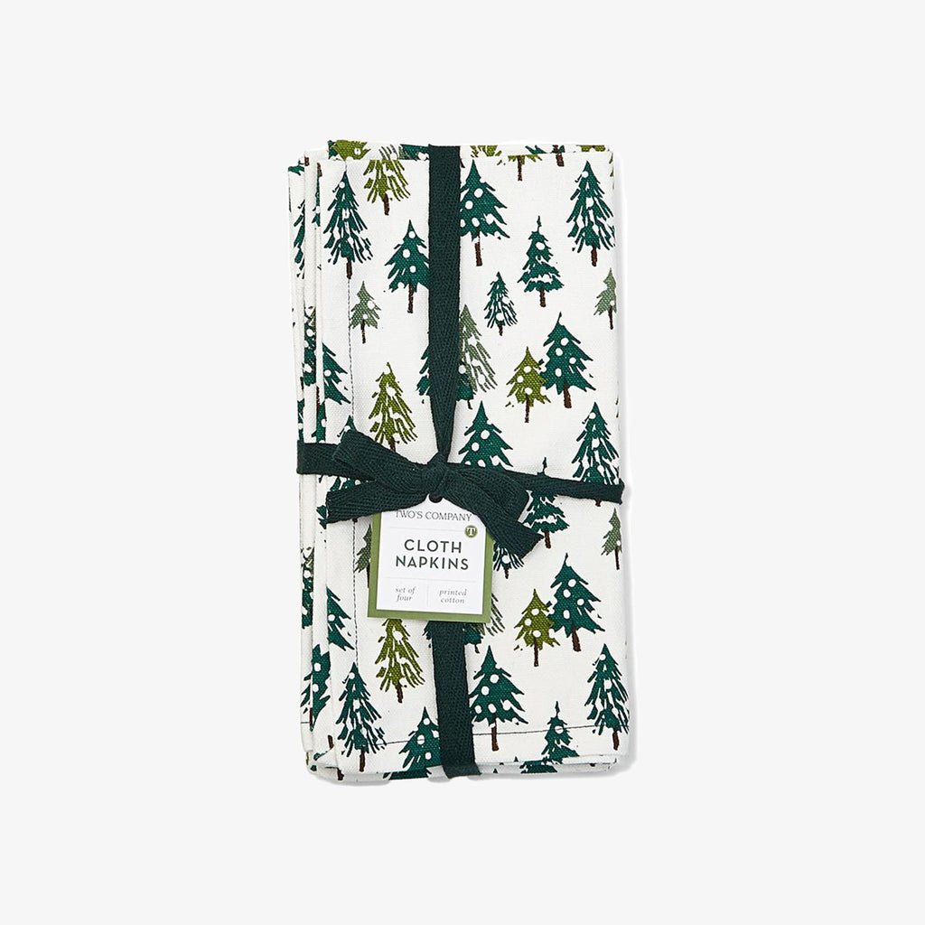 Two's Company brand enchanted forest napkins with white background and green trees 