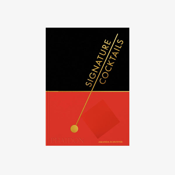Red and black front cover of book tuitled 'signature cocktails' on a white background