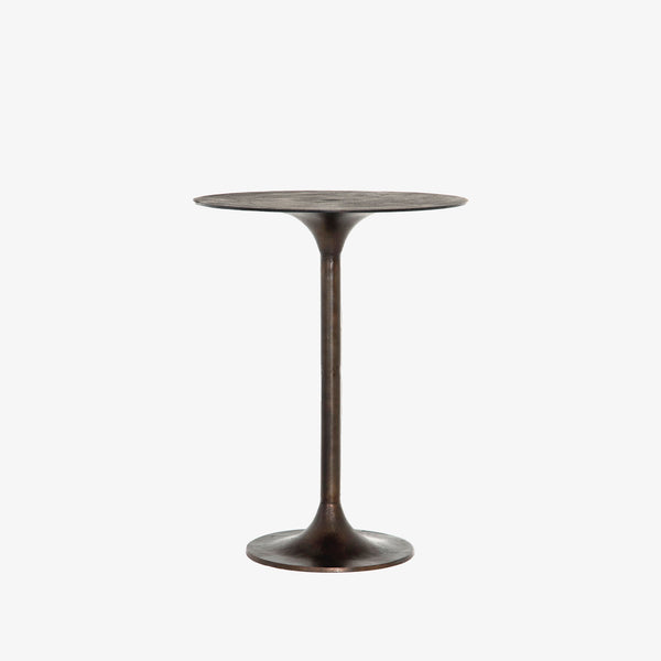 Antique rust colored 'Simone' metal bar height tulip table by four hands furniture on a white background