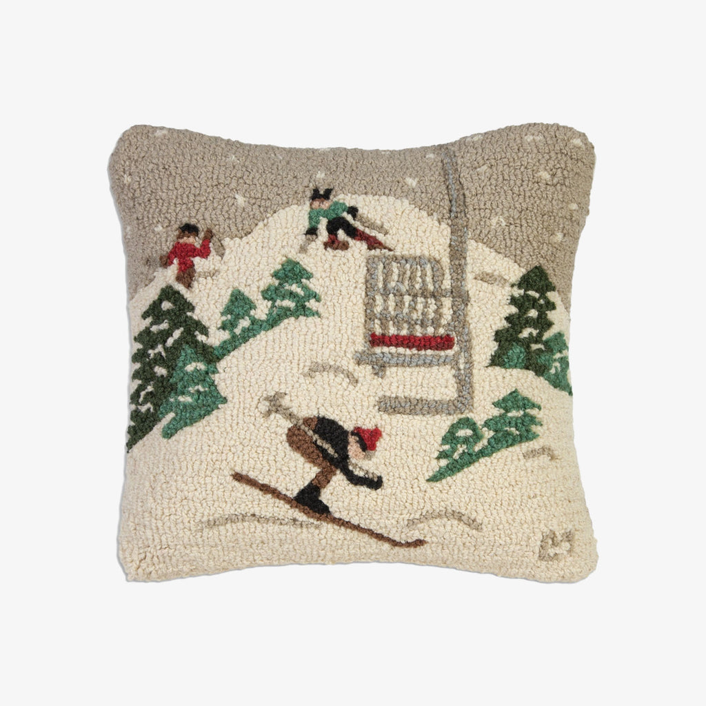 Single Chair Lift Hand Hooked Throw Pillow on a white background 