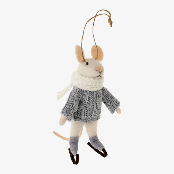 Indaba brand 'skating sloane' felted mouse ornament with grey sweater and ice skates on a white background
