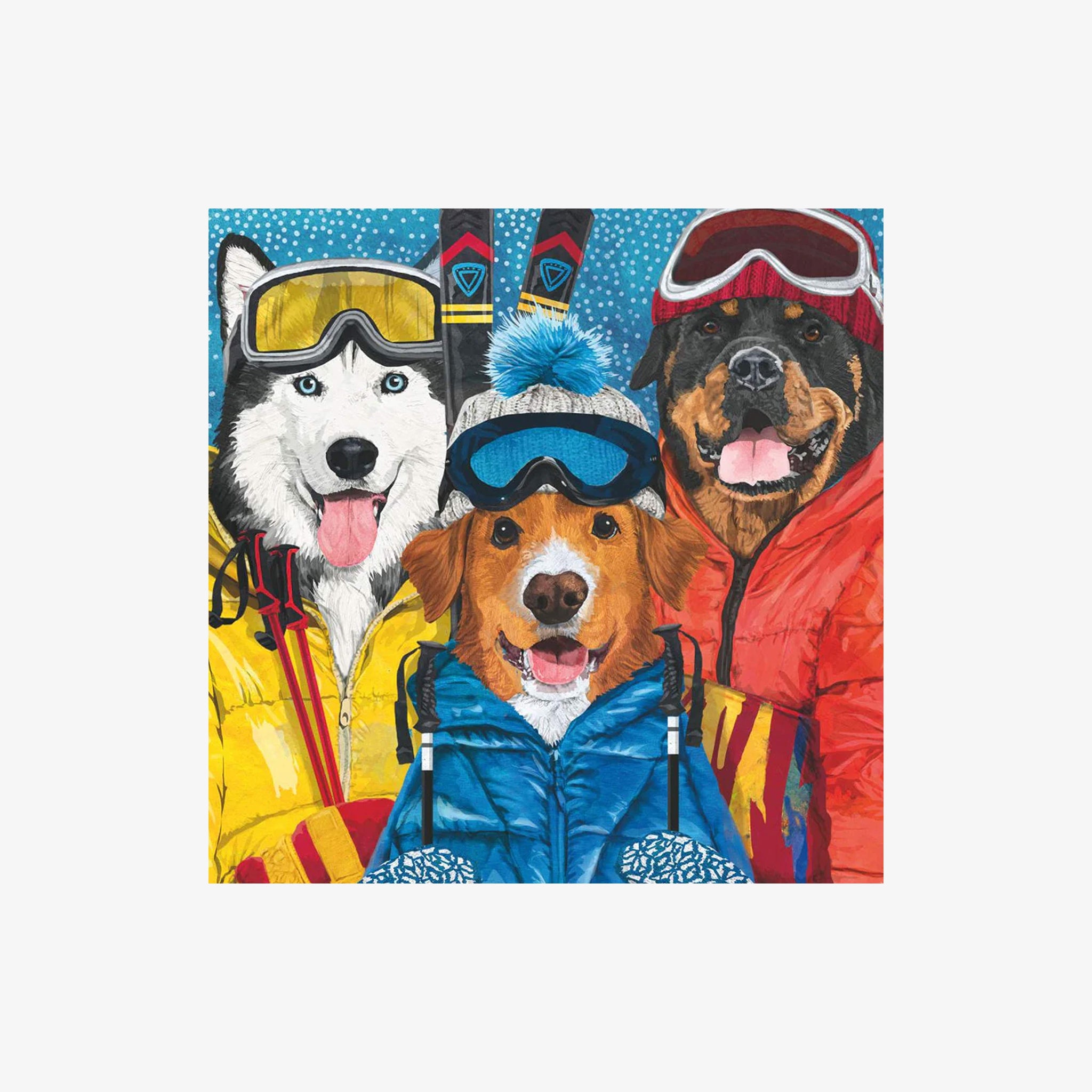 Cocktail napkins with three dogs in colorful winter gear with goggles on a white background
