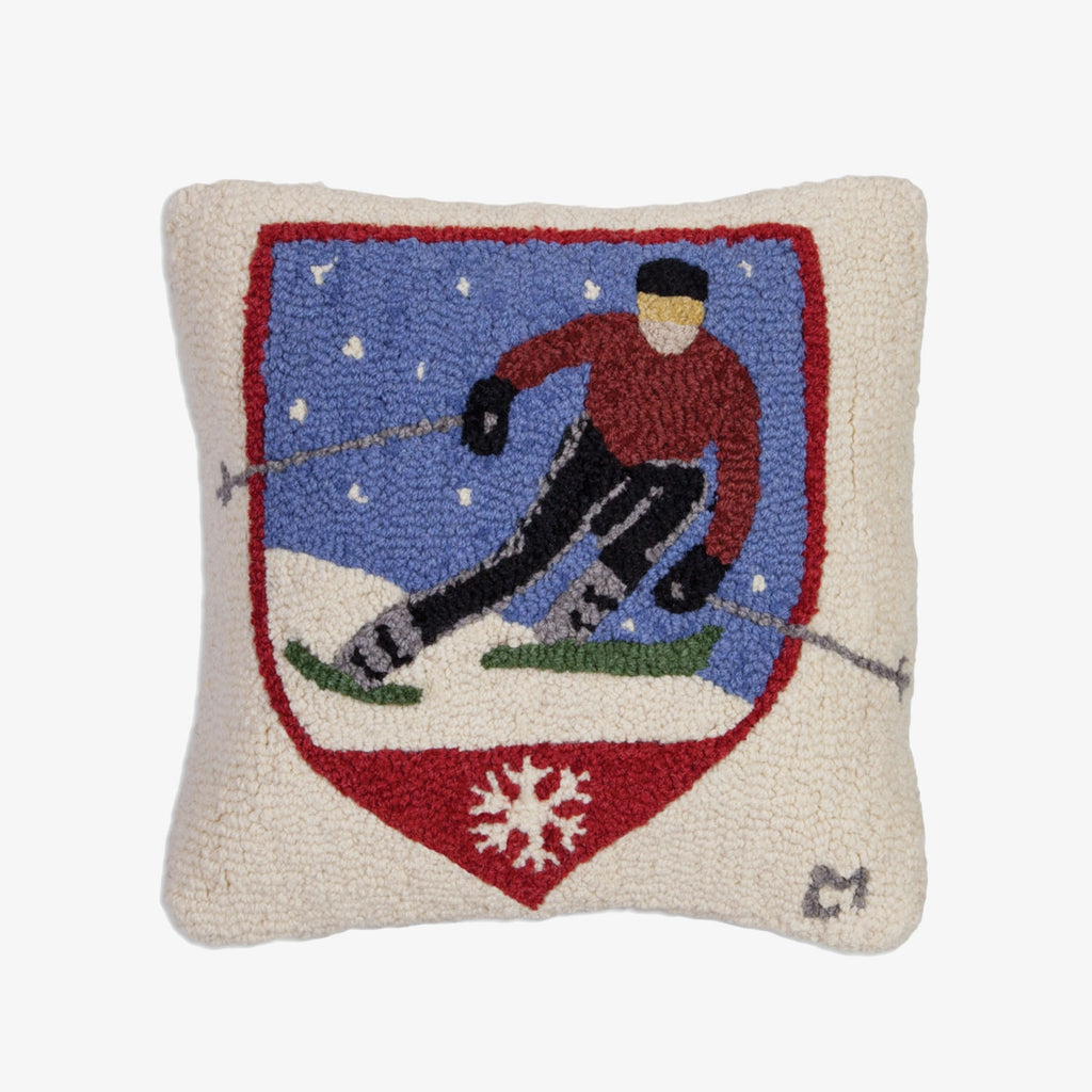 Hand Hooked Ski Patch Pillow on a white background 