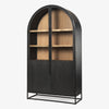 Arched top black wood cabinet with iron base and honey wood interior on a white background