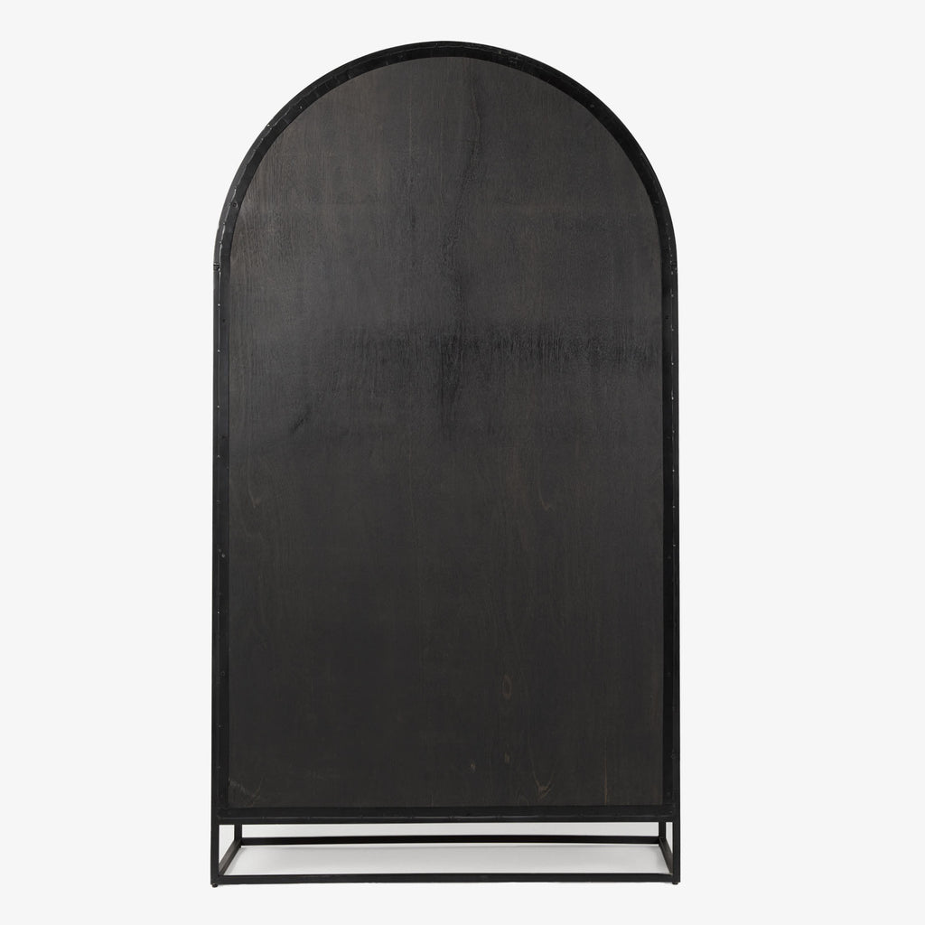 Arched top black wood cabinet with iron base and honey wood interior on a white background