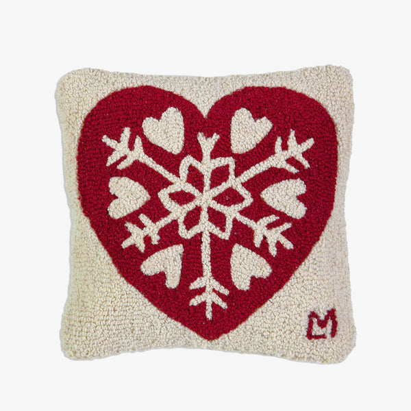 Chandler four corners hand hooked square pillow with red heart and snowflake pattern