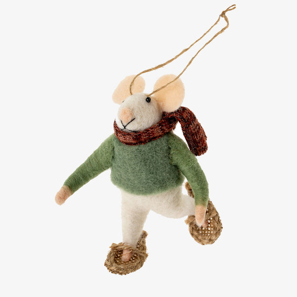 Indaba brand 'snowshoe sam' felted mouse ornament with green sweater and snowshoes on a white background
