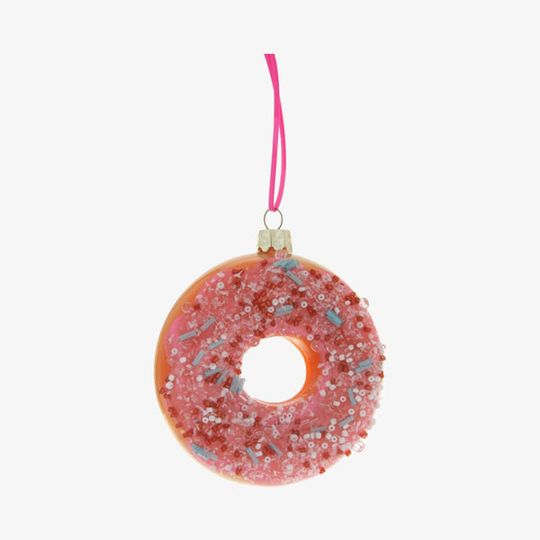 Cody Foster Brand pink sprinkled donut ornament on a white background