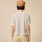 Striped Short Sleeve Button Cardigan in Taupe shown on model on plain background.