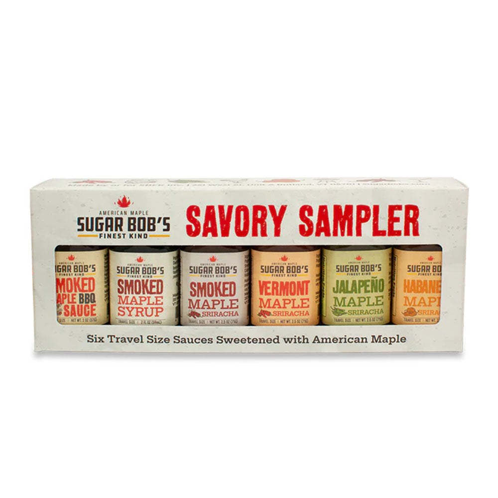 Sugar bob's finest savory sample maple syrup set in box on a white background