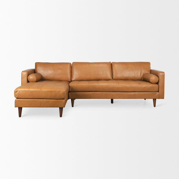 Mercana Svend Tan Leather Left Chaise Sectional Sofa on a white background