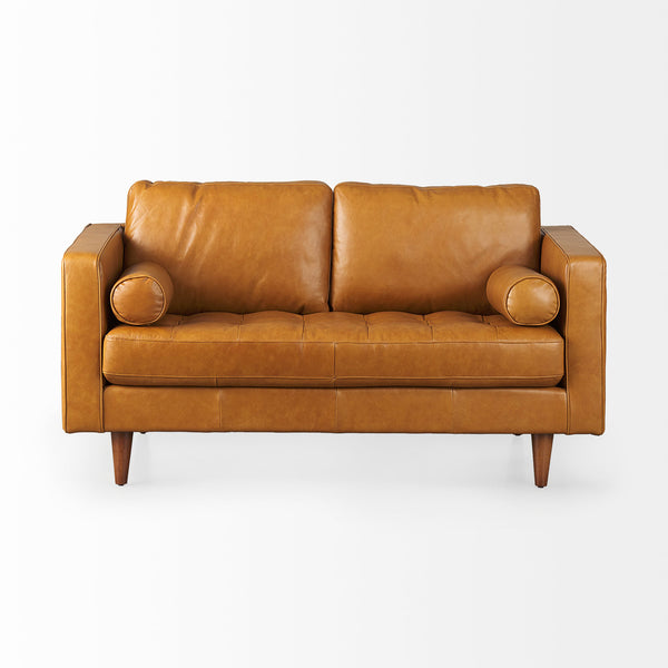 Mercana brand Svend Tan Leather Love Seat Sofa on a white background