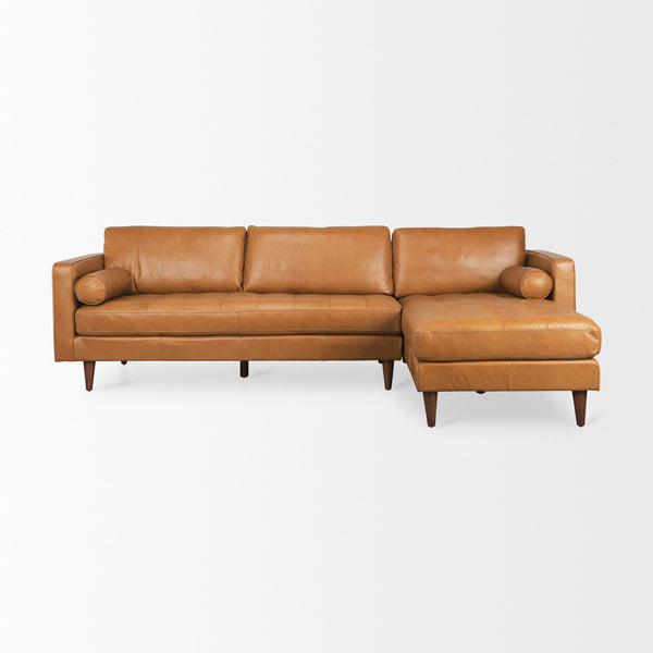 Mercana brand Svend Tan Leather Right Chaise Sectional Sofa on a white background