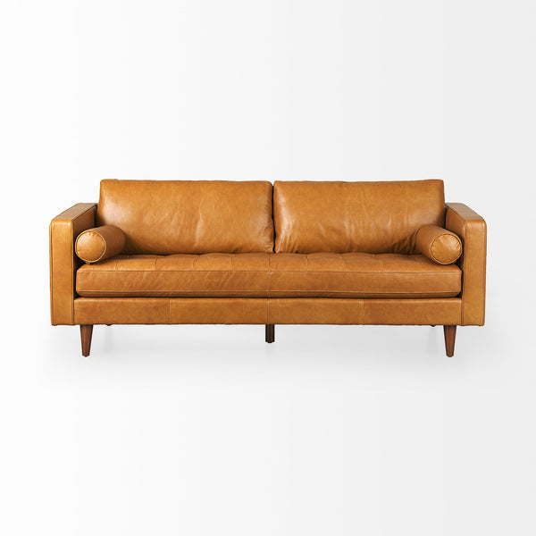Mercana brand Svend Tan Leather Sofa on a white background