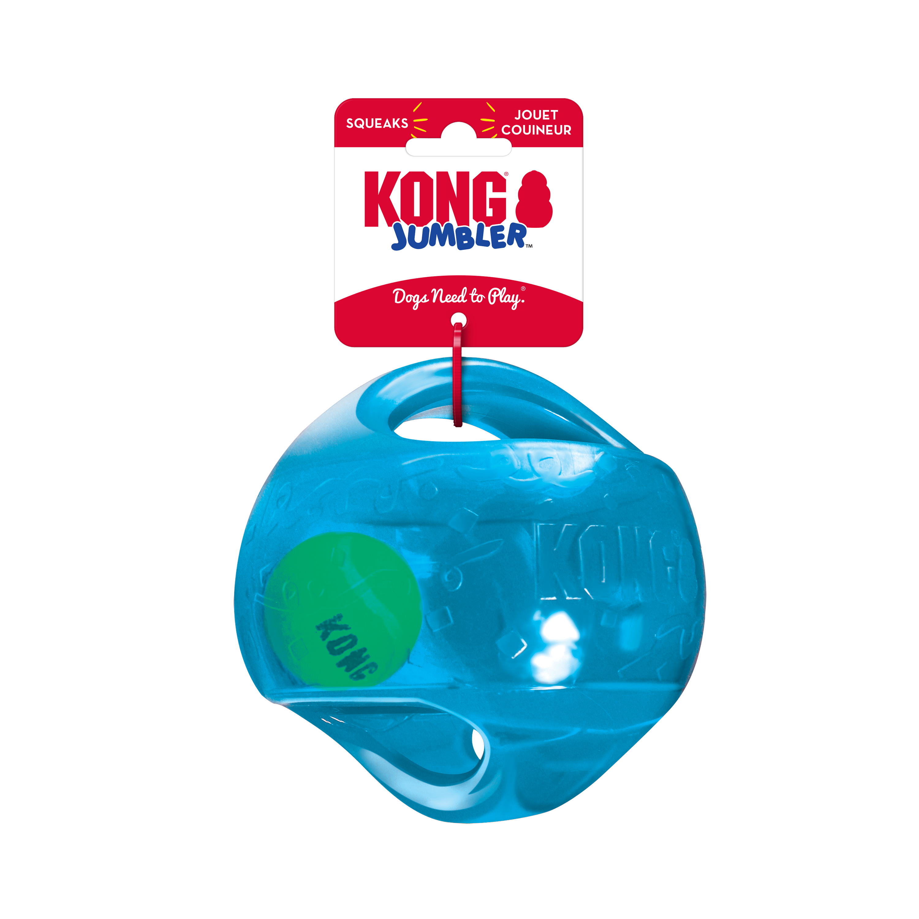 Blue KONG Jumbler toy with a red and white label on a white background
