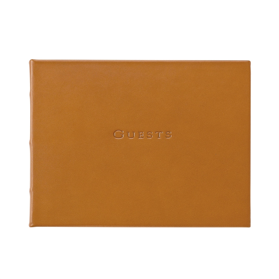 Tan Leather Bound Guest Book on white background at Addison West.
