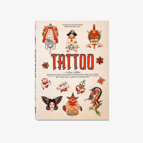 Front cover of book titled Tattoo 1730s-1970s with various vintage style tattoos on a white background