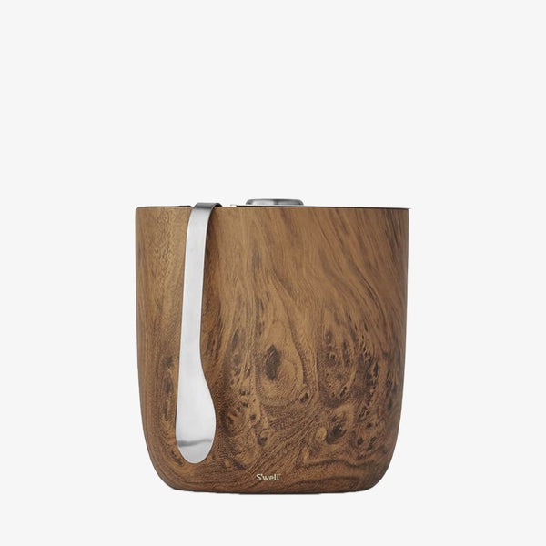 S'well Teakwood Insulated Ice Bucket + Tongs on a white background