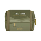 Olive green vegan leather golf kit pouch with 'TEE TIME' text and a golfer illustration on the front, along with brand name 'PINCH PROVISIONS' and various golf themed accessories visible inside.