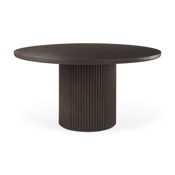 Terra Dark Brown Wood Round Fluted Dining Table on a white background