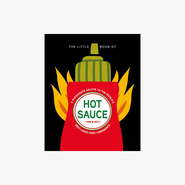 Illustrated book cover of 'little book of hot sauce' with bottle of hot sauce on a white background