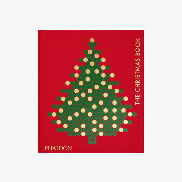 Red front cover of Phaidon book The Christmas Book with green christmas tree on a white background