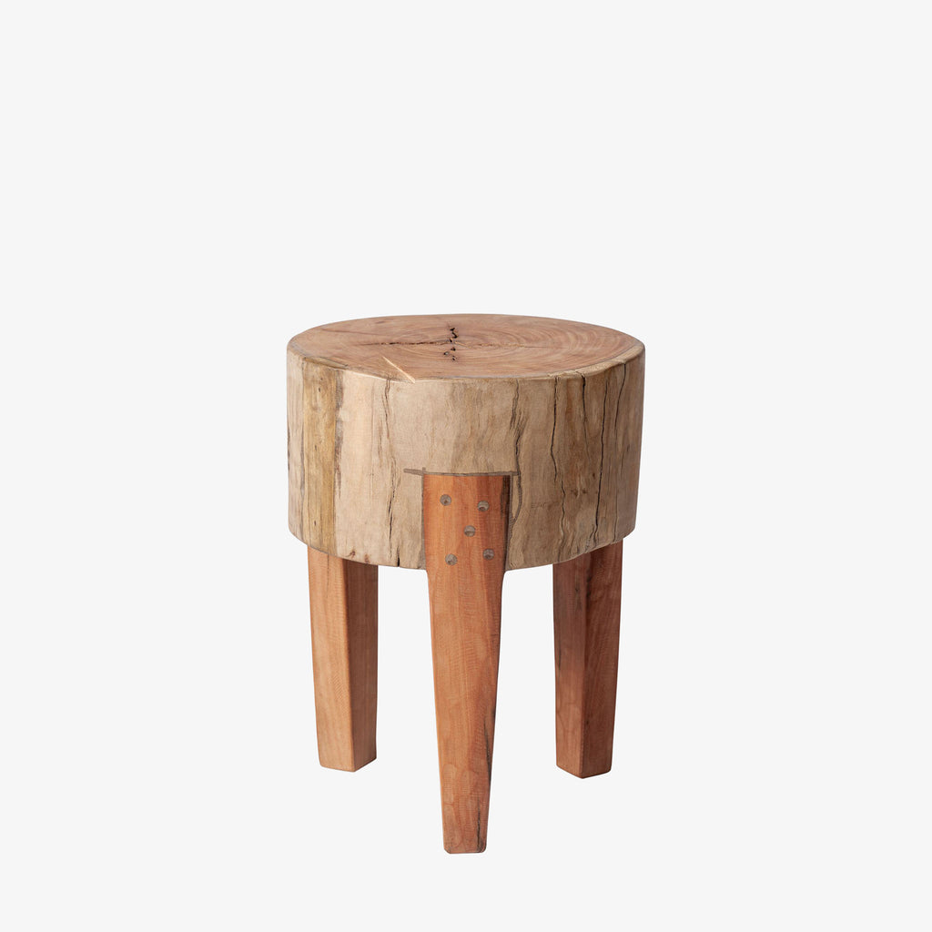 Reclaimed wood stool on a white background
