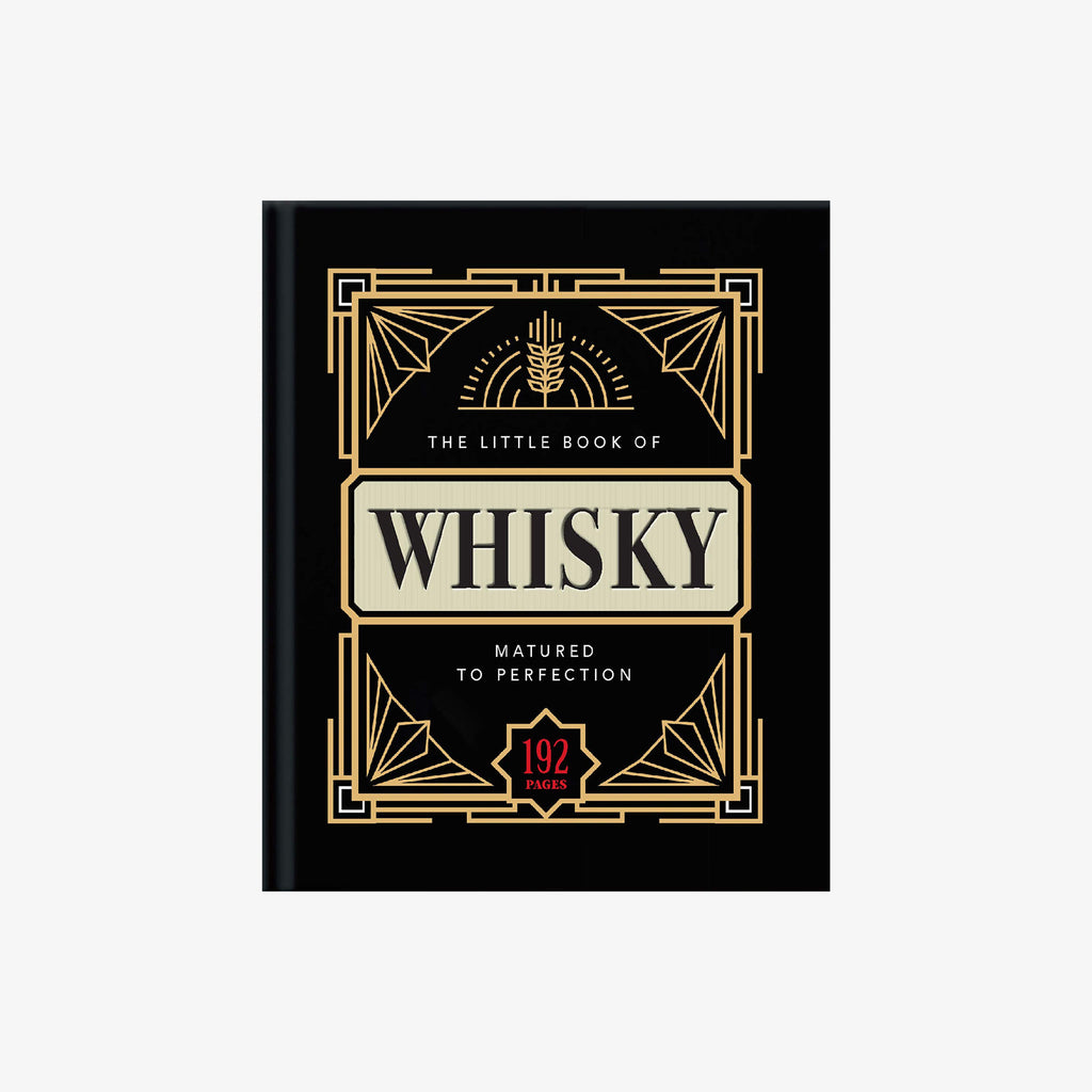 Front cover of black book with gold lettering titled 'the little book of whiskey'  on a white background