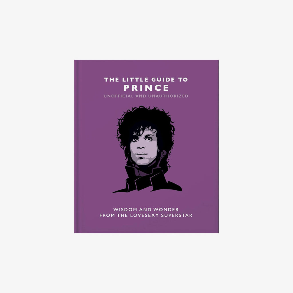 Purple front cover of book titled 'the little guide to prince' on a white background