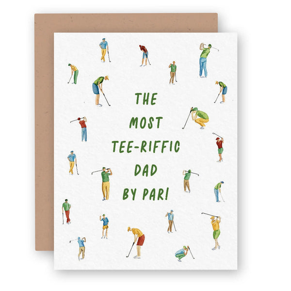 Watercolor Father's Day card with golfers that says 'The MOst Tee-Riffic Dad by Par' on a white background