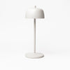 White Theta LED table lamp by Zafferano with small base and white shade on a white background